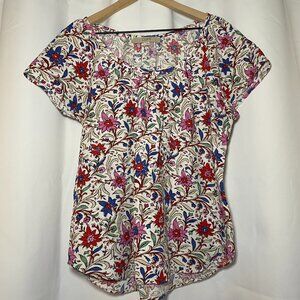 Loft Scoop Neck Linen Blend Blouse Womens L Blue Red Pink Floral Curved Hem EUC